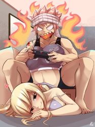 Rule 34 | 1boy, 1girl, angry, ass, blonde hair, blush, breasts, controller, fairy tail, game controller, happy, joshdinobarney, large breasts, lucy heartfilia, meme, natsu dragneel, naughty face, playing games, smile, teasing