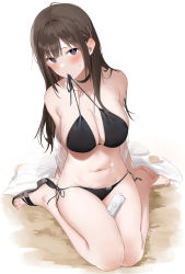 Rule 34 | 1girl, absurdres, banned artist, barefoot, beach, between thighs, bikini, black bikini, black choker, black footwear, breasts, brown hair, choker, commentary request, feet, full body, hair ornament, hairclip, head tilt, highres, large breasts, legs, long hair, looking at viewer, lotion, mole, mole on breast, mouth hold, navel, on ground, original, purple eyes, sand, sandals, shadow, side-tie bikini bottom, sidelocks, simple background, single sandal, sitting, solo, suggestive fluid, sunscreen, swimsuit, thighs, toes, undersized breast cup, undressing, white background, xretakex