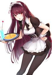 Rule 34 | &gt;:o, 1girl, :o, apron, black pantyhose, blush, food, frilled apron, frills, girls&#039; frontline, highres, holding, holding tray, long hair, looking at viewer, luse maonang, maid, maid headdress, omelet, omurice, open mouth, pantyhose, puffy short sleeves, puffy sleeves, purple eyes, purple hair, short sleeves, simple background, solo, standing, thighs, tray, v-shaped eyebrows, very long hair, wa2000 (girls&#039; frontline), white background, wrist cuffs