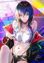 Rule 34 | 1girl, absurdres, bare shoulders, belt, black choker, black hair, black jacket, black shorts, choker, crop top, fishnet thighhighs, fishnets, highleg, highres, jacket, jewelry, knee up, long hair, long sleeves, looking at viewer, micro shorts, midriff, multicolored hair, nababa, navel, necklace, off-shoulder shirt, off shoulder, open clothes, open jacket, orange eyes, original, panty straps, shirt, shorts, smile, solo, stomach, streaked hair, thighhighs, white shirt