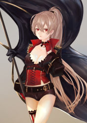 Rule 34 | 1girl, asymmetrical legwear, azur lane, belt, black belt, black choker, black shorts, breasts, choker, cleavage, corset, earrings, flag, gloves, hair between eyes, holding, holding flag, jean bart (azur lane), jewelry, light brown hair, long hair, looking at viewer, ponytail, red corset, red eyes, red gloves, sayuumigi, short shorts, shorts, simple background, small breasts, solo, striped clothes, striped thighhighs, thighhighs, thighs, uneven legwear, vertical-striped clothes, vertical-striped thighhighs, very long hair