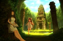 Rule 34 | 4girls, :d, animal ears, anklet, backlighting, bad id, bad pixiv id, barefoot, blue sky, book, bracelet, breasts, broken, brown hair, cleavage, closed mouth, cloud, crop top, day, dress, forest, grass, hand on own hip, hikaru kirara, holding, holding book, jewelry, long hair, midriff, multiple girls, nature, open book, open mouth, orange eyes, original, outdoors, plant, running, short sleeves, sitting, sky, sleeveless, sleeveless dress, smile, spread legs, standing, sundress, tank top, tree, vines, water, white dress, yellow eyes