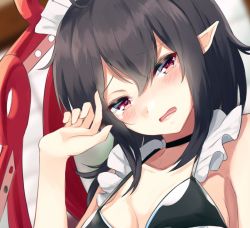 Rule 34 | 1girl, ahoge, alternate costume, bare shoulders, bikini, black bikini, black choker, black hair, blurry, blurry background, blush, breasts, choker, collarbone, commentary request, enmaided, hair between eyes, hand up, highres, houjuu nue, igayan, indoors, looking at viewer, maid, maid bikini, maid headdress, pointy ears, red eyes, red wings, short hair, sidelocks, small breasts, solo, swimsuit, touhou, unconventional maid, upper body, wings