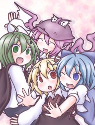 Rule 34 | 4girls, ahoge, animal ears, antennae, bird wings, blonde hair, blue eyes, blue hair, blush, bow, cape, cherry blossoms, cirno, dress, closed eyes, fang, floral background, green eyes, green hair, hair bow, hat, highres, imminent hug, long sleeves, looking at another, looking at viewer, multiple girls, mystia lorelei, one eye closed, open mouth, pink hair, puffy short sleeves, puffy sleeves, red eyes, ribbon, rumia, short hair, short sleeves, skirt, skirt set, smile, takanoru, team 9, touhou, wings, wink, wriggle nightbug