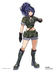 Rule 34 | 1girl, black gloves, blue eyes, blue hair, boots, character name, clenched hand, combat boots, deyouron, full body, gloves, green jacket, green shorts, highres, jacket, leona heidern, military, military uniform, navel, numbered, ponytail, shorts, simple background, snk, soldier, solo, suspenders, the king of fighters, uniform, white background