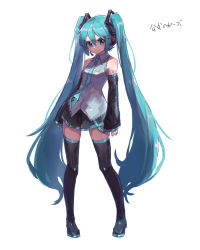 Rule 34 | 1girl, aqua eyes, aqua hair, aqua nails, aqua necktie, bare shoulders, belt, black skirt, black sleeves, black thighhighs, boots, commentary, contrapposto, derivative work, detached sleeves, full body, grey shirt, hair ornament, hatsune miku, headphones, headset, highres, long hair, looking at viewer, miniskirt, nail polish, necktie, nejikyuu, pleated skirt, shade, shirt, shoulder tattoo, signature, skirt, sleeveless, sleeveless shirt, sleeves past wrists, smile, solo, standing, tattoo, thigh boots, thighhighs, translated, twintails, very long hair, vocaloid, vocaloid boxart pose, zettai ryouiki