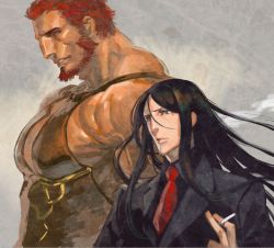 Rule 34 | 2boys, absurdres, azuma toh, beads, black hair, cigarette, fate/zero, fate (series), formal, hair between eyes, height difference, highres, holding, holding cigarette, iskandar (fate), long hair, lord el-melloi ii, lord el-melloi ii case files, male focus, multiple boys, muscular, necktie, parted lips, red hair, red neckwear, sleeveless, suit, upper body, waver velvet