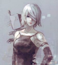 Rule 34 | 1girl, android, armlet, black gloves, collarbone, commentary request, elbow gloves, gloves, grey eyes, joints, mole, mole under mouth, muraicchi (momocchi), nier (series), nier:automata, one eye covered, pink lips, pod (nier:automata), robot joints, short hair, tank top, white hair, a2 (nier:automata)
