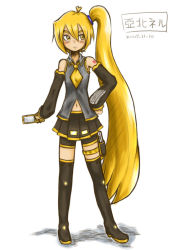 Rule 34 | 1girl, akita neru, blonde hair, boots, female focus, full body, long hair, matching hair/eyes, phone, simple background, skirt, solo, standing, vocaloid, white background, yellow eyes