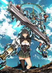 Rule 34 | 1girl, arms behind back, bad id, bad pixiv id, black gloves, black hair, breasts, cleavage, cleavage cutout, clothing cutout, covered navel, fingerless gloves, garimpeiro, gloves, glowing, glowing eyes, highres, holding, holding weapon, looking up, mecha, medium breasts, medium hair, orange eyes, original, robot, single thighhigh, sunrise stance, thighhighs, weapon, yellow eyes