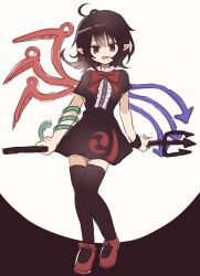 Rule 34 | 1girl, :d, absurdres, alternate eye color, asymmetrical wings, black dress, black hair, black thighhighs, blue wings, bow, bowtie, breasts, brown eyes, buttons, center frills, commentary request, dress, fang, flipped hair, footwear bow, frilled dress, frills, full body, highres, holding, holding polearm, holding weapon, houjuu nue, looking at viewer, mary janes, medium bangs, open mouth, pointy ears, polearm, red bow, red bowtie, red footwear, red wings, shoes, short dress, short hair, short sleeves, skin fang, small breasts, smile, solo, thighhighs, tomoe (symbol), touhou, weapon, white background, wings, wristband, yoitsuki ai