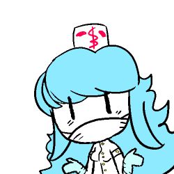 Rule 34 | 1girl, blue hair, cure-chan, gloves, hat, latex, latex gloves, lowres, mouth mask, nurse, nurse cap, personification, shrugging, simple background, solo, surgical mask