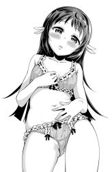 Rule 34 | 10s, 1girl, akino sora, black hair, blush, bra, breasts, d:, greyscale, hand on own chest, hand on own stomach, highres, lingerie, long hair, looking at viewer, monochrome, mukaido manaka, nagi no asukara, navel, open mouth, panties, small breasts, solo, underwear, underwear only
