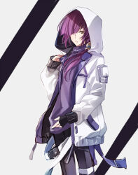 Rule 34 | 1boy, belt, black gloves, black pants, bungou to alchemist, cowboy shot, fingerless gloves, gloves, hair over one eye, hair over shoulder, hand up, hood, hood up, hooded jacket, iz14617088, jacket, lapels, long hair, long sleeves, low ponytail, male focus, open clothes, open jacket, pants, parted lips, pouch, purple hair, purple sweater, sleeves past wrists, solo, sweater, thigh strap, turtleneck, turtleneck sweater, two-sided fabric, two-sided jacket, white background, white belt, white jacket, yellow eyes, yokomitsu riichi (bungou to alchemist), zipper pull tab