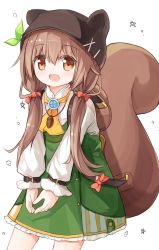 Rule 34 | 1girl, :d, acorn, animal ears, animal hat, ascot, backpack, bag, blush, bow, brown eyes, brown hair, brown hat, commentary request, cowboy shot, dress, fake animal ears, green dress, green ribbon, hair between eyes, hair bow, hair ornament, hairclip, hat, long hair, long sleeves, looking away, low twintails, open mouth, original, puffy long sleeves, puffy sleeves, red bow, ribbon, shirt, simple background, sleeveless, sleeveless dress, sleeves past wrists, smile, solo, squirrel ears, squirrel girl, squirrel hat, squirrel tail, tail, twintails, very long hair, white background, white shirt, x hair ornament, yellow ascot, yuuhagi (amaretto-no-natsu)