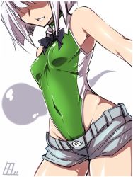 Rule 34 | 1girl, bare shoulders, bow, bowtie, breasts, competition swimsuit, covered navel, cowboy shot, detached collar, covered erect nipples, faceless, faceless female, green one-piece swimsuit, highleg, highleg swimsuit, konpaku youmu, konpaku youmu (ghost), one-piece swimsuit, short hair, short shorts, shorts, simple background, small breasts, smirk, solo, standing, swimsuit, tajima yuuki, touhou, white background, white hair
