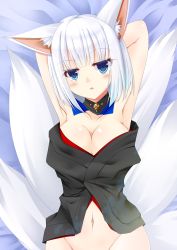 Rule 34 | 1girl, animal ear fluff, animal ears, armpits, arms up, azur lane, bad id, bad pixiv id, bare arms, bare shoulders, black kimono, blue eyes, blush, breasts, cleavage, collarbone, commentary request, fox ears, fox girl, fox tail, groin, head tilt, japanese clothes, kaga (azur lane), kimono, kitsune, large breasts, looking at viewer, lying, navel, noname (reticulian), on back, out-of-frame censoring, parted lips, short hair, short kimono, silver hair, solo, tail