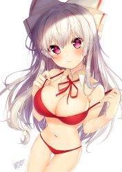 Rule 34 | 1girl, absurdres, armpit crease, bare arms, bare shoulders, bikini, blush, bow, breasts, cleavage, closed mouth, commentary request, cowboy shot, detached collar, fujiwara no mokou, gluteal fold, hair bow, hair ribbon, hands up, highres, large breasts, long hair, looking at viewer, navel, neck ribbon, nenobi (nenorium), pink eyes, red bikini, red ribbon, ribbon, sidelocks, signature, simple background, solo, star (symbol), stomach, strap pull, swimsuit, touhou, white background, white bow, white hair, white ribbon