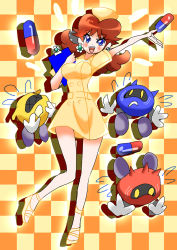 Rule 34 | 1girl, alien, arm up, blue eyes, breasts, clipboard, dr. mario (game), dr. mario world, earrings, flower earrings, hand up, hat, highres, jewelry, legs, looking at viewer, mario (series), nintendo, nurse, open mouth, princess daisy, red hair, short hair, skirt, smile, super mario land, yellow eyes