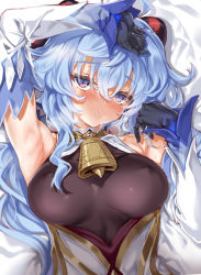 Rule 34 | 1girl, ahoge, arm up, armpits, bed sheet, bell, black bodysuit, black gloves, blue hair, blush, bodystocking, bodysuit, breasts, breath, cle masahiro, commentary, covered erect nipples, cowbell, detached sleeves, eyelashes, from above, ganyu (genshin impact), genshin impact, gloves, hair between eyes, heavy breathing, highres, horns, large breasts, light blue hair, long hair, looking at viewer, lying, on back, purple eyes, skin tight, solo, sweat, upper body