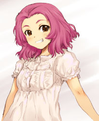 Rule 34 | 10s, 1girl, blouse, blush, colored pencil (medium), commentary, girls und panzer, grin, highres, looking at viewer, pink shirt, red eyes, red hair, rosehip (girls und panzer), sakaki imasato, shirt, short hair, sketch, smile, solo, standing, traditional media, upper body
