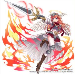 Rule 34 | 1girl, angel, angel wings, armor, blue eyes, boots, breastplate, character request, commentary request, dmm, hair between eyes, halo, high heel boots, high heels, holding, holding sword, holding weapon, knee pads, long hair, long sleeves, official art, open mouth, orange hair, sakura shiho, shoulder armor, simple background, skirt, solo, sword, teeth, thighhighs, tongue, weapon, white background, wings, zettai ryouiki
