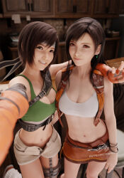 Rule 34 | 2girls, 3d, aged down, arm around neck, arm around waist, arm at side, artist name, bar (place), bar stool, bare shoulders, belt, belt buckle, billyhhyb, black belt, black bracelet, black hair, blurry, blurry background, blurry foreground, boots, bra, bracelet, breasts, brown eyes, brown shorts, brown vest, buckle, cabinet, cash register, cleavage, closed mouth, collarbone, commentary, cropped vest, dark skin, depth of field, earrings, elbow gloves, english commentary, final fantasy, final fantasy vii, final fantasy vii remake, fingerless gloves, foot up, forehead protector, frilled vest, frills, from above, gloves, green bra, grin, harness, headband, highres, indoors, jewelry, lips, long hair, looking at viewer, looking up, loose socks, medium breasts, midriff peek, miniskirt, multiple bracelets, multiple girls, navel, nibelheim, official alternate costume, open clothes, open fly, open vest, orange gloves, parted lips, patreon username, reaching, reaching towards viewer, red eyes, red footwear, selfie, short hair, short shorts, shorts, side-by-side, signature, skirt, sleeveless, smile, socks, sports bra, standing, standing on one leg, stool, swept bangs, tifa lockhart, underwear, v, vest, white socks, white sports bra, yuffie kisaragi