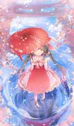Rule 34 | 1girl, :&lt;, absurdres, alternate eye color, alternate hairstyle, ankle ribbon, arm ribbon, bell, black hair, blue sky, blush, bow, branch, cherry blossoms, cloud, dress, drill hair, floral print, from above, gradient dress, gradient hair, hair bell, hair bow, hair ornament, hair ribbon, hakurei reimu, hand up, highres, holding, holding umbrella, hoshi ame, leg ribbon, long hair, looking at viewer, looking up, multicolored hair, oil-paper umbrella, petals, pink dress, pink eyes, pink hair, ponytail, rabbit, red dress, reflection, reflective floor, ribbon, ribbon-trimmed collar, ribbon trim, ripples, sandals, see-through, see-through sleeves, short hair, sky, solo, sparkle, split ponytail, stone walkway, strapless, strapless dress, streaked hair, tabi, torii, touhou, tress ribbon, umbrella, white legwear, zouri