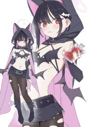 Rule 34 | 1girl, alternate costume, animal ears, belt, black hair, black pantyhose, blood, blood bag, blue archive, blush, breasts, cat ears, cloak, colored inner hair, elbow gloves, extra ears, fake wings, fangs, fingerless gloves, gloves, hair ornament, hairclip, halloween costume, halo, highres, hood, hooded cloak, kazusa (blue archive), looking at viewer, multicolored hair, multiple views, navel, nemo (leafnight), pantyhose, pink halo, red eyes, revealing clothes, ribs, short hair, small breasts, stomach, torn clothes, torn pantyhose, vampire costume, white background, wings