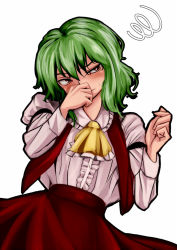 Rule 34 | 1girl, annoyed, ascot, blouse, covering nose, dress, frills, green hair, hair between eyes, half-closed eye, hand on own face, hands up, head tilt, kazami yuuka, long sleeves, looking at viewer, medium hair, opagi, open clothes, open vest, red dress, red eyes, red vest, shirt, simple background, skirt, skirt set, solo, sweat, touhou, uneven eyes, upper body, vest, white background, white shirt, yellow ascot