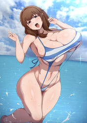 Rule 34 | 1girl, alternate breast size, bare arms, bare legs, bikini, blue bikini, breasts, brown eyes, brown hair, cloud, cloudy sky, commentary request, covered erect nipples, curvy, head tilt, highres, horizon, huge breasts, kotobuki mayuki, long hair, looking at viewer, navel, ocean, open mouth, outdoors, ponponmaru, seitokai nimo anawa aru!, simple background, sky, slingshot swimsuit, solo, sparkle, standing, striped bikini, striped clothes, striped thighhighs, swimsuit, thighhighs, wading