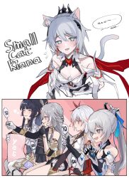 Rule 34 | ..., 2koma, 5girls, ^ ^, animal ears, armor, asymmetrical clothes, bare legs, bare shoulders, black gloves, black hair, black headwear, blue headwear, blush, breasts, bronya zaychik, bronya zaychik (herrscher of truth), cat ears, cat tail, chinese clothes, cleavage, closed eyes, comic, crown, dual persona, earrings, english text, fingerless gloves, fu hua, fu hua (herrscher of sentience), fu hua (phoenix), gaijin 4koma (meme), gloves, grey eyes, grey hair, hair between eyes, hand on own chin, high ponytail, highres, holding, holding sign, honkai (series), honkai impact 3rd, jewelry, kiana kaslana, kiana kaslana (herrscher of flamescion), long hair, long sleeves, looking at viewer, multicolored hair, multiple girls, open mouth, ponytail, raiden mei, raiden mei (herrscher of origin), red eyes, red headwear, short sleeves, sign, sitting, small breasts, smile, streaked hair, tail, utekikuore, white gloves, white hair