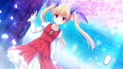 Rule 34 | 1girl, blonde hair, blue bow, blue eyes, blush, bow, closed mouth, collarbone, da capo iv, day, dress, dutch angle, floating hair, game cg, hair between eyes, hair bow, layered dress, long hair, long sleeves, looking at viewer, ocean, outdoors, red dress, smile, solo, standing, sunlight, tree, twintails, two-tone dress, very long hair, white dress, yoshino sakura