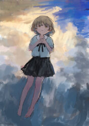 Rule 34 | 1girl, abstract background, alternate costume, asasow, barefoot, black ribbon, black skirt, blue shirt, brown eyes, brown hair, collared shirt, colored inner hair, commentary request, expressionless, floating, full body, grey hair, hands on own chest, hatoba tsugu, highres, interlocked fingers, medium hair, multicolored background, multicolored hair, neck ribbon, open mouth, own hands together, pleated skirt, ribbon, shirt, short sleeves, single hair ring, skirt, solo, tsugu (vtuber), virtual youtuber