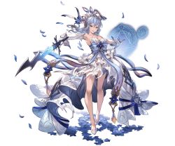 Rule 34 | 1girl, bare shoulders, blue eyes, blue hair, breasts, dress, elbow gloves, full body, gloves, granblue fantasy, hair ornament, high heels, holding, holding sword, holding weapon, long hair, looking at viewer, medium breasts, minaba hideo, official art, open mouth, petals, single elbow glove, solo, standing, strapless, strapless dress, sword, therese (granblue fantasy), torn clothes, torn dress, transparent background, weapon