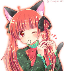 Rule 34 | 1girl, :3, adjusting hair, ahoge, animal ears, black bow, blunt bangs, blush, bow, bowtie, braid, braiding hair, cat ears, cat tail, extra ears, green shirt, hair bow, hair tie, hairdressing, kaenbyou rin, long hair, long sleeves, looking at viewer, mouth hold, one eye closed, outline, ramudia (lamyun), red bow, red bowtie, red eyes, red hair, shirt, simple background, solo, tail, touhou, twitter username, tying hair, upper body, white background
