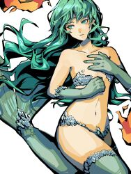 1girl 4me3ba_niku closed_mouth collarbone commentary_request fire green_eyes green_hair highres long_hair looking_to_the_side mermaid mermaid_(megami_tensei) monster_girl navel shin_megami_tensei simple_background solo white_background