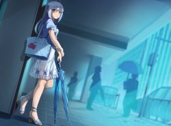 Rule 34 | 1girl, 3others, against wall, bag, blue hair, blue jacket, blue umbrella, blush, dress, dutch angle, full body, high heels, holding, holding umbrella, idolmaster, idolmaster million live!, jacket, kamille (vcx68), leaning back, light blue hair, long hair, looking at viewer, low-tied long hair, multiple others, photoshop (medium), puffy short sleeves, puffy sleeves, rain, shiraishi tsumugi, short sleeves, silhouette, solo focus, tote bag, umbrella, waiting, white dress