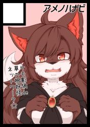 Rule 34 | 1girl, ahoge, animal ears, brooch, brown hair, cape, claws, commentary request, fangs, furry, furry female, hands on own chest, imaizumi kagerou, imaizumi kagerou (wolf), jewelry, long hair, long sleeves, looking at viewer, open mouth, red eyes, simple background, solo, tail, tamahana, text focus, touhou, translation request, upper body, wide sleeves, wolf ears, wolf tail