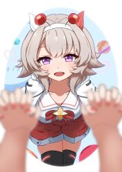 Rule 34 | 1girl, animal ears, blurry, blurry foreground, breasts, commentary request, curren chan (umamusume), fingernails, grey hair, hair between eyes, hair ornament, headband, highres, holding hands, horse ears, horse girl, medium breasts, medium hair, mutou coffee, open mouth, pov, pov hands, simple background, solo, thighhighs, umamusume, white background