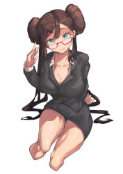 Rule 34 | 1girl, absurdres, alternate costume, arm support, bespectacled, black jacket, black skirt, blue eyes, breasts, brown hair, buttons, cleavage, closed mouth, collarbone, collared shirt, commentary request, creatures (company), double bun, doughnut hair bun, eyelashes, game freak, glasses, hair bun, hair ornament, hairclip, hand up, highres, iparupua, jacket, knees, large breasts, nintendo, office lady, pokemon, pokemon bw2, red-framed eyewear, rosa (pokemon), shirt, simple background, skirt, smile, solo, twintails, white background, white shirt