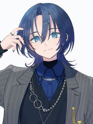 Rule 34 | 1girl, black nails, black sweater, blue eyes, blue hair, blue shirt, closed mouth, collared shirt, earclip, grey jacket, hand up, highres, hiodoshi ao, hololive, hololive dev is, jacket, jewelry, looking at viewer, mole, mole under mouth, nail polish, open clothes, open jacket, ring, shirt, short hair, simple background, smile, solo, sweater, upper body, virtual youtuber, white background, yuri yutaka