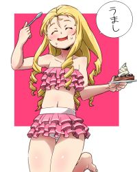 Rule 34 | 1girl, aono3, bare shoulders, bikini, blonde hair, border, cake, collarbone, drill hair, eating, closed eyes, food, food on face, frilled bikini, frills, girls und panzer, highres, long hair, marie (girls und panzer), open mouth, panties, pink background, simple background, smile, solo, swimsuit, thigh gap, underwear, white border, white panties