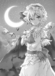 Rule 34 | 1girl, ascot, bat (animal), brooch, cloud, commentary request, cowboy shot, crescent moon, dress, frilled shirt collar, frills, greyscale, hair between eyes, hand on own chest, hat, hat ribbon, highres, jewelry, looking at viewer, mob cap, monochrome, moon, night, night sky, outdoors, puffy short sleeves, puffy sleeves, remilia scarlet, ribbon, sakusyo, sash, short hair, short sleeves, sky, smile, solo, standing, star (sky), starry sky, touhou, wrist cuffs