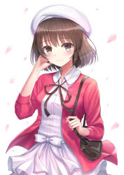 Rule 34 | 1girl, bad id, bad pixiv id, bag, beret, black ribbon, blurry, blurry background, blush, bow, breasts, brown eyes, brown hair, brown ribbon, closed mouth, collared dress, collared shirt, commentary request, cowboy shot, depth of field, dress, dress shirt, hand in own hair, hand up, handbag, hat, highres, holding strap, jacket, katou megumi, layered dress, long sleeves, looking at viewer, neck ribbon, open clothes, open jacket, petals, pink jacket, red jacket, ribbon, saenai heroine no sodatekata, seungju lee, shirt, short hair, shoulder bag, simple background, skirt, small breasts, smile, solo, white background, white bow, white dress, white hat, white shirt, white skirt