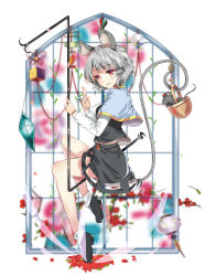 Rule 34 | 1girl, absurdres, animal ears, basket, blue capelet, blurry, blurry background, capelet, chinese commentary, commentary request, dowsing rod, falling petals, flower, from side, full body, grey footwear, grey hair, grey skirt, grey vest, hands up, hate ani hikae, highres, holding, holding basket, holding with tail, jewelry, long sleeves, looking at viewer, looking to the side, mouse (animal), mouse ears, mouse girl, mouse tail, nazrin, parted lips, pendant, petals, prehensile tail, red eyes, red flower, shirt, shoes, short hair, skirt, smile, socks, solo, tail, touhou, vest, white shirt, white socks, wind chime, window