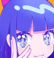 Rule 34 | 2girls, bad id, bad tumblr id, blue eyes, blue hair, blunt bangs, bow, eye reflection, hair bow, hand on own face, kisaragi yuu (fallen sky), looking at viewer, multiple girls, orange background, pipimi, poptepipic, popuko, portrait, red bow, reflection, signature, smile