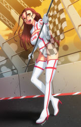 Rule 34 | 1girl, boots, borrowed character, breasts, brown eyes, brown hair, challengia, checkered flag, ciara (masharu), cleavage, clothes writing, covered navel, dark-skinned female, dark skin, flag, full body, high heel boots, high heels, highres, holding, holding flag, icon (computing), idol, large breasts, leotard, long hair, mascot, open mouth, oppaihobby, race queen, racing, solo, solo focus, standing, thigh boots, thighhighs, white thighhighs, zipper