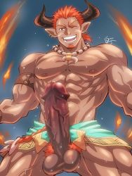 Rule 34 | 1boy, abs, armlet, bara, censored, cowboy shot, dark-skinned male, dark skin, draph, erection, facial hair, fire, goatee, granblue fantasy, highres, huge penis, jewelry, lantana (granblue fantasy), large pectorals, loincloth, looking at viewer, male focus, mature male, mosaic censoring, muscular, muscular male, necklace, nipples, nude, one eye closed, orange hair, pectorals, penis, pointy ears, shirako (kirupi), short hair, smile, solo, stomach, testicles, thick thighs, thighs, tooth necklace, uncensored, veins, veiny penis