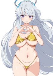 Rule 34 | 1girl, absurdres, bikini, blue archive, blush, breasts, cleavage, gold bikini, halo, headgear, heart, heart hands, highleg, highleg bikini, highres, large breasts, long hair, looking at viewer, mechanical halo, navel, noa (blue archive), purple eyes, simple background, skindentation, smile, solo, swimsuit, white background, white hair, white halo, zhyseven